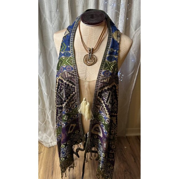 Artsy Aztec Tapestry Long Vest Fringe & Tassels Boho Coastal Cowgirl Hippie  O/S - Picture 11 of 11